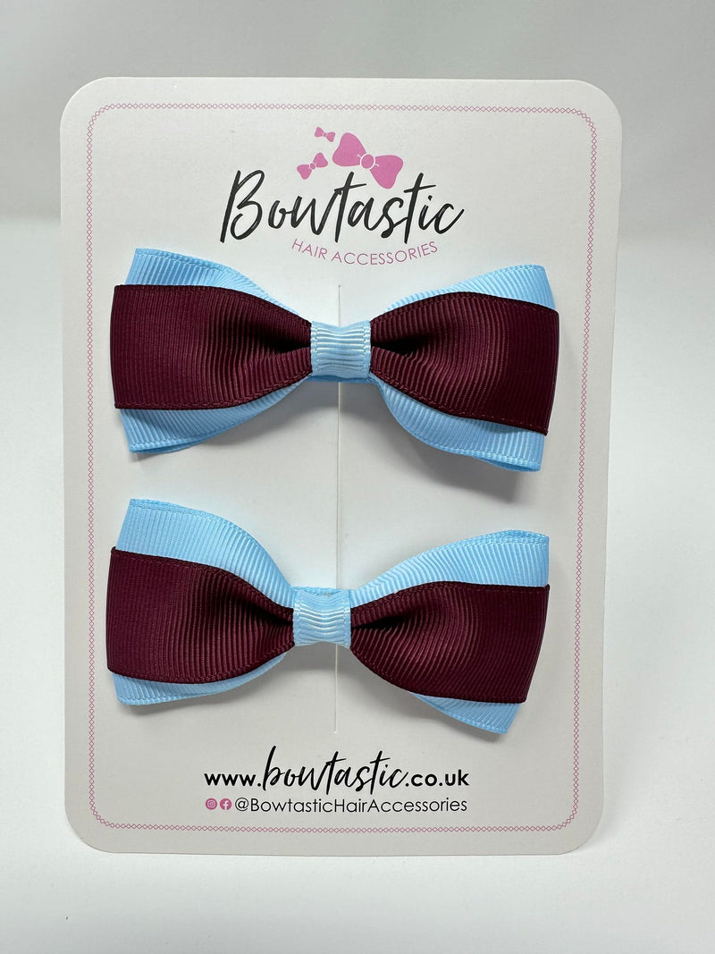 3 Inch Thin Tuxedo Bows - Burgundy & Blue Topaz - 2 Pack