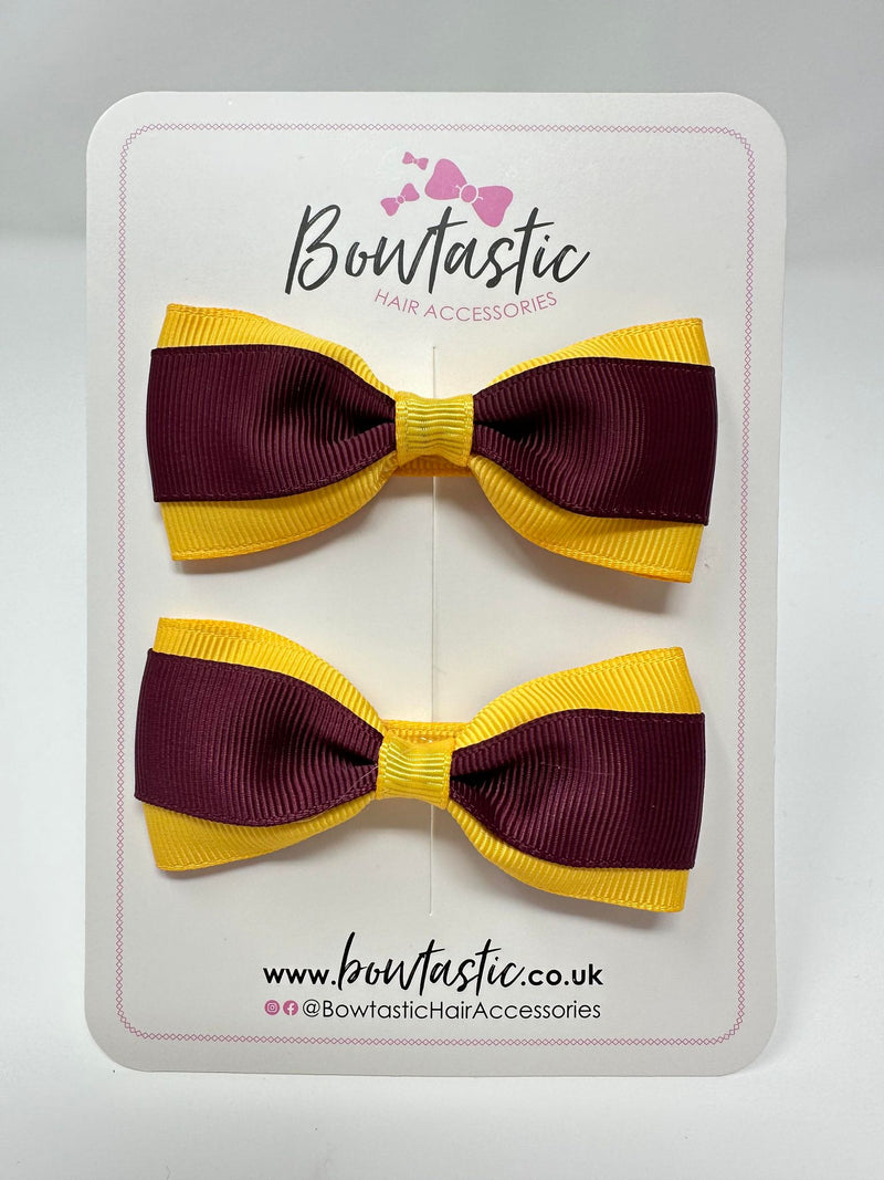 3 Inch Thin Tuxedo Bows - Burgundy & Yellow Gold - 2 Pack