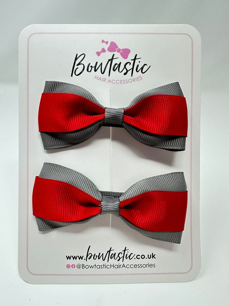 3 Inch Thin Tuxedo Bows - Red & Metal Grey - 2 Pack