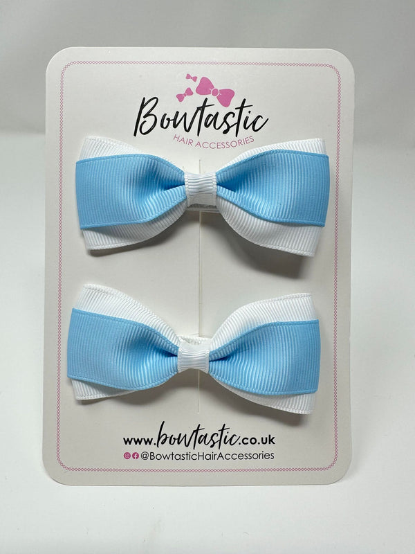 3 Inch Thin Tuxedo Bows - Blue Topaz & White - 2 Pack