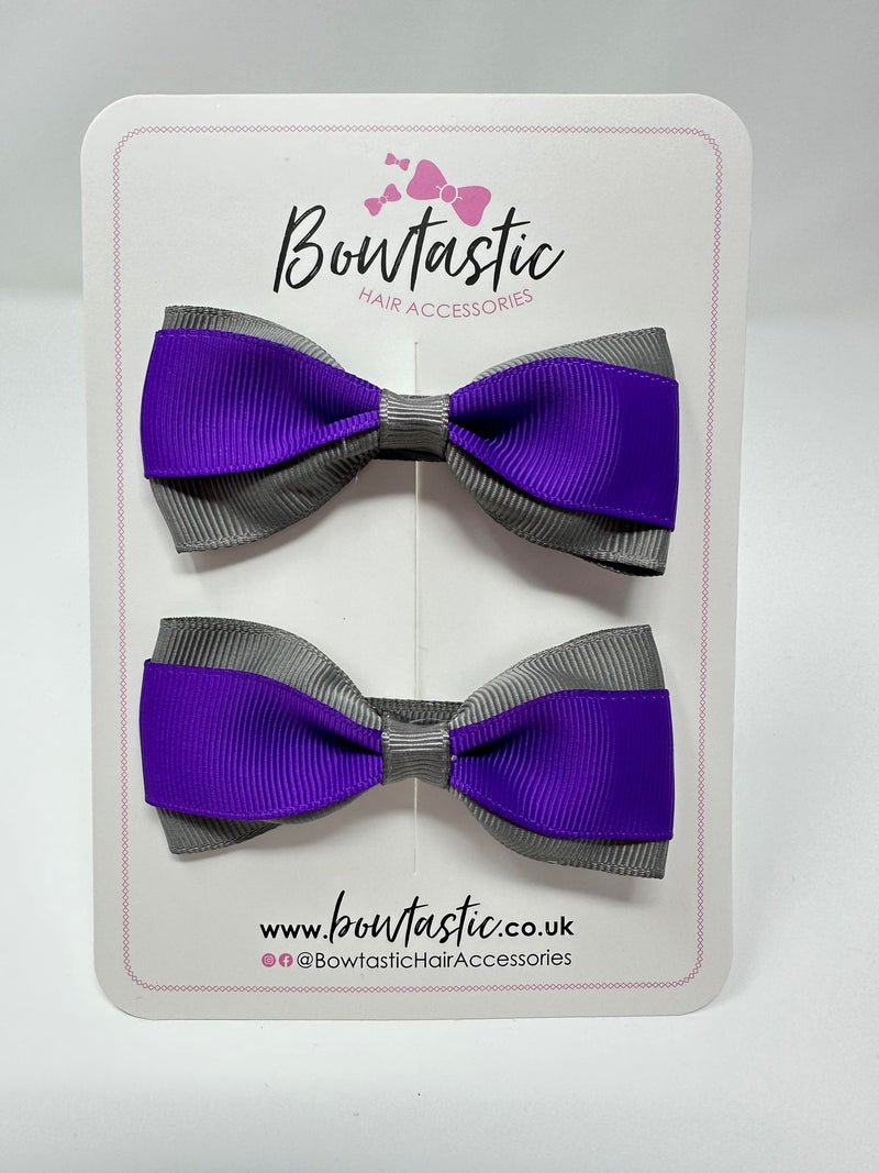 3 Inch Thin Tuxedo Bows - Purple & Metal Grey - 2 Pack