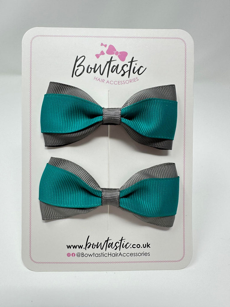 3 Inch Thin Tuxedo Bows - Jade Green & Metal Grey - 2 Pack