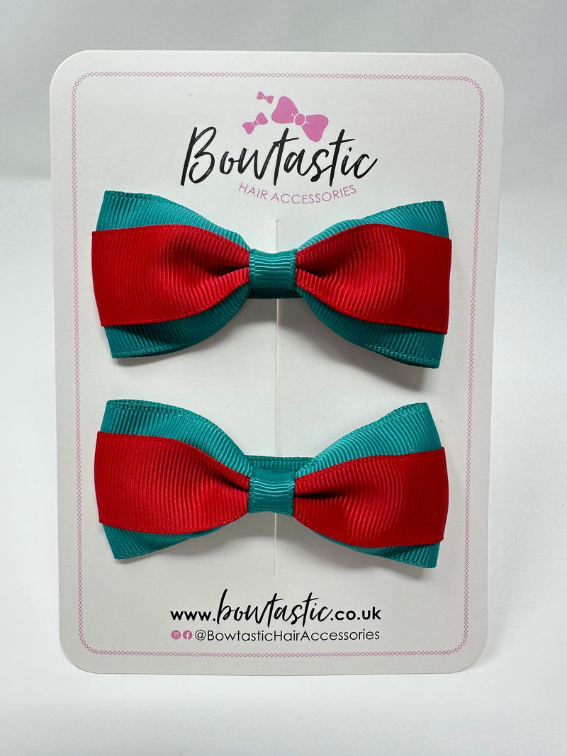 3 Inch Thin Tuxedo Bows - Jade Green & Red - 2 Pack