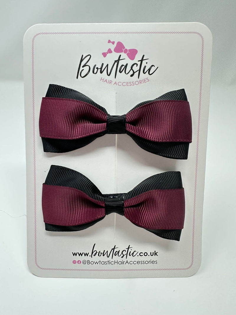 3 Inch Thin Tuxedo Bows - Burgundy & Black - 2 Pack