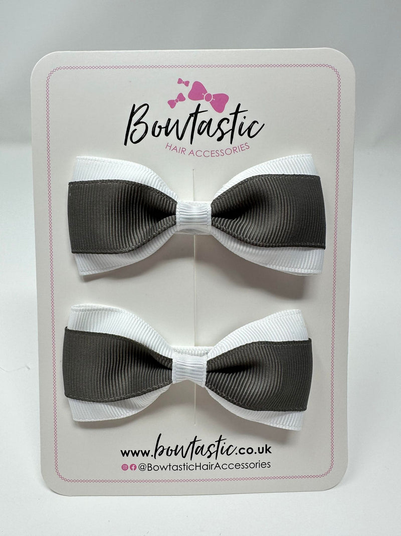 3 Inch Thin Tuxedo Bows - Metal Grey & White - 2 Pack