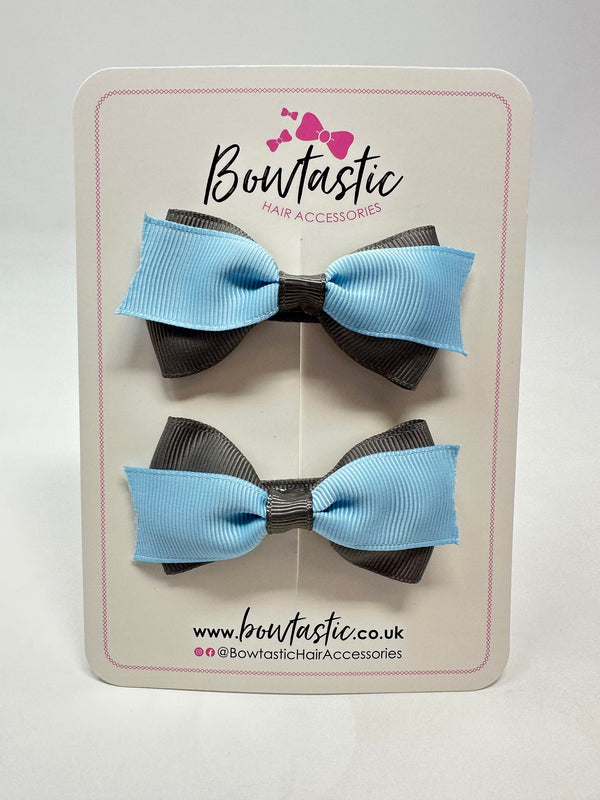 2.75 Inch 2 Layer Tuxedo Bow - Blue Topaz & Metal Grey - 2 Pack