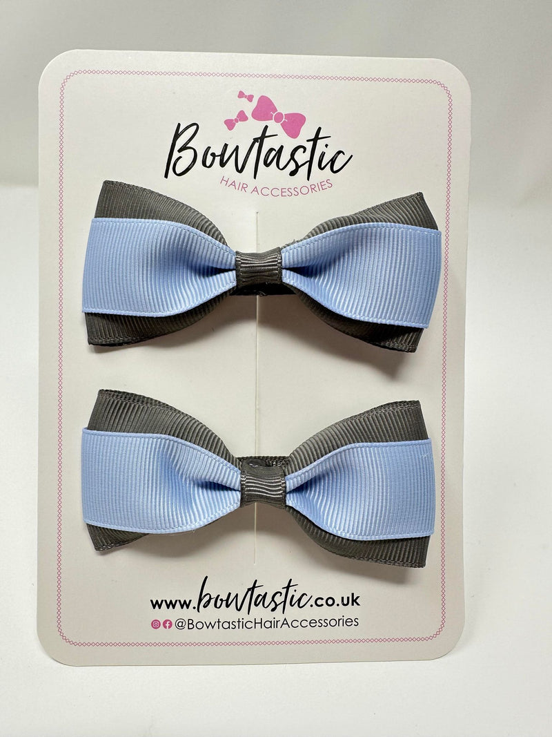 3 Inch Thin Tuxedo Bows - Bluebell & Metal Grey - 2 Pack