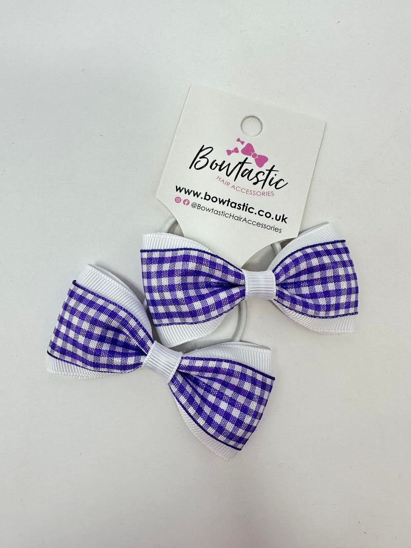 3 Inch Tuxedo Bow Thin Elastic - Purple & White Gingham - 2 Pack