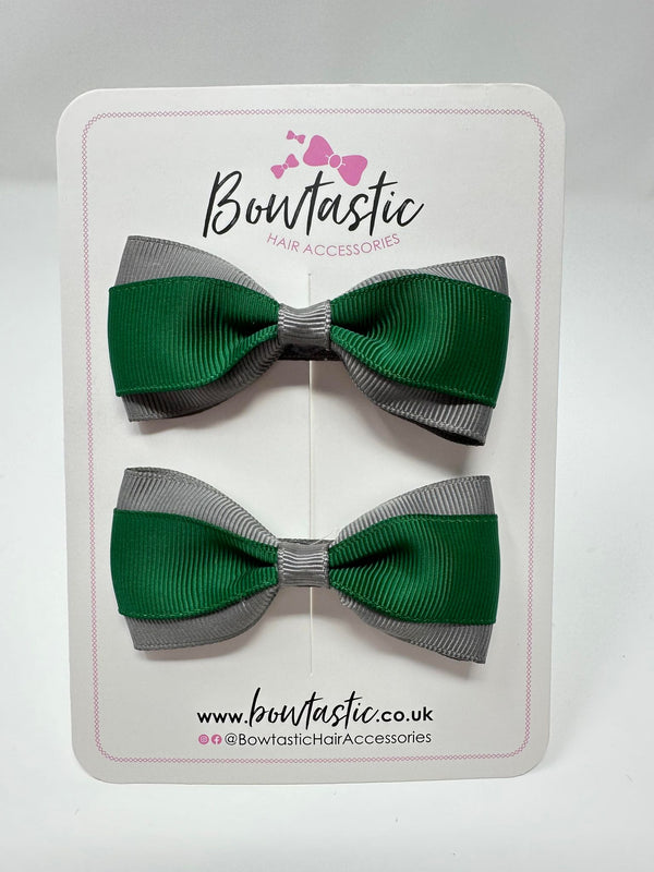 3 Inch Thin Tuxedo Bows - Forest Green & Metal Grey - 2 Pack