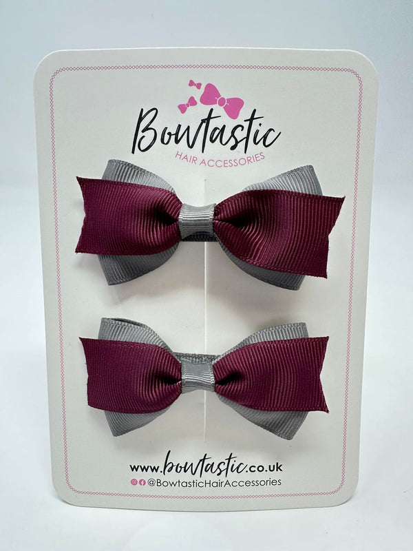 2.75 Inch 2 Layer Tuxedo Bow - Burgundy & Metal Grey - 2 Pack