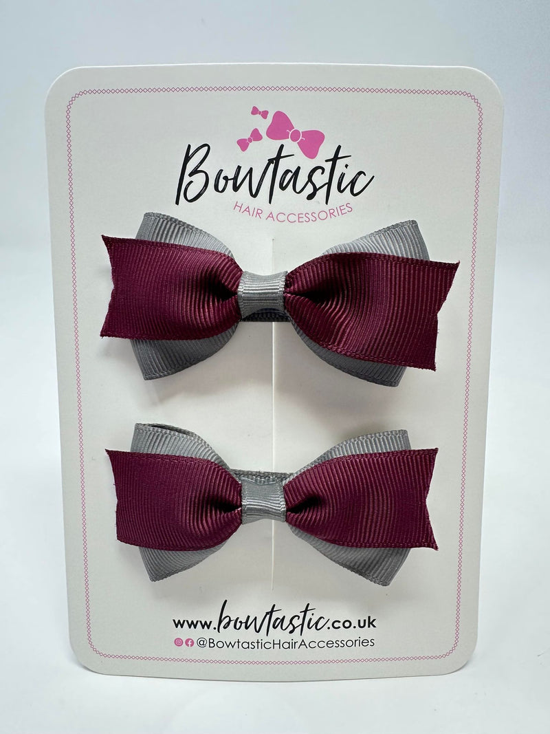 2.75 Inch 2 Layer Tuxedo Bow - Burgundy & Metal Grey - 2 Pack