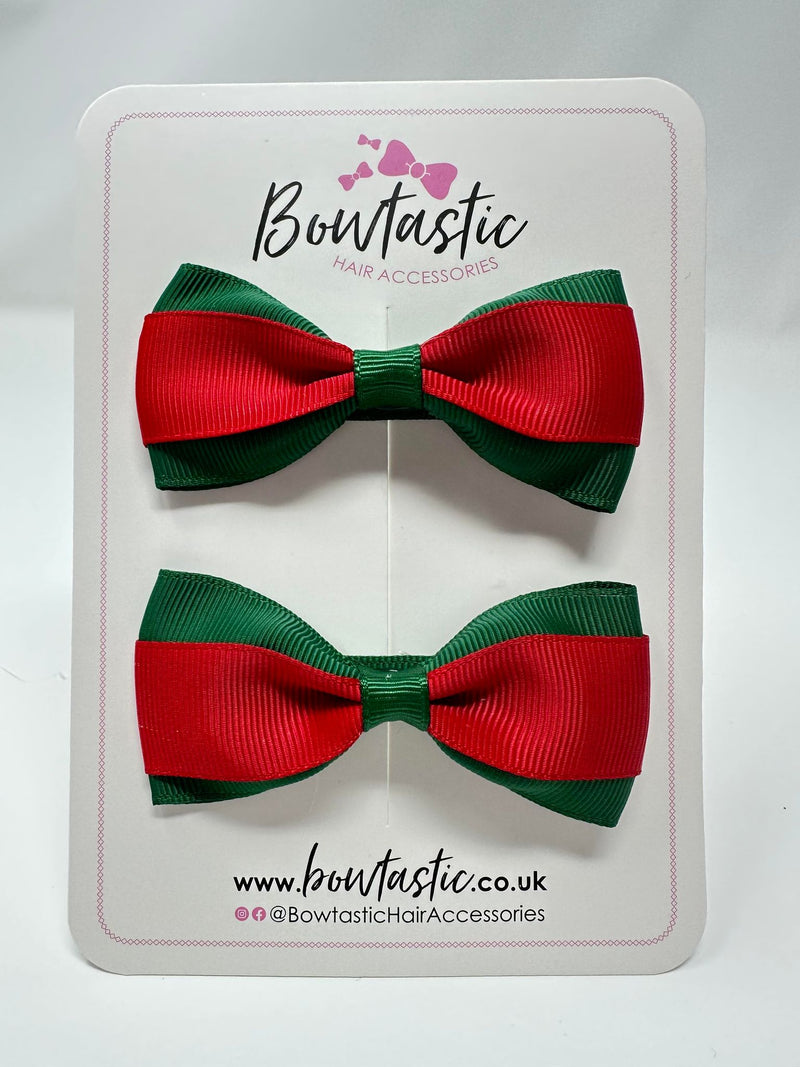 3 Inch Thin Tuxedo Bows - Forest Green & Red - 2 Pack