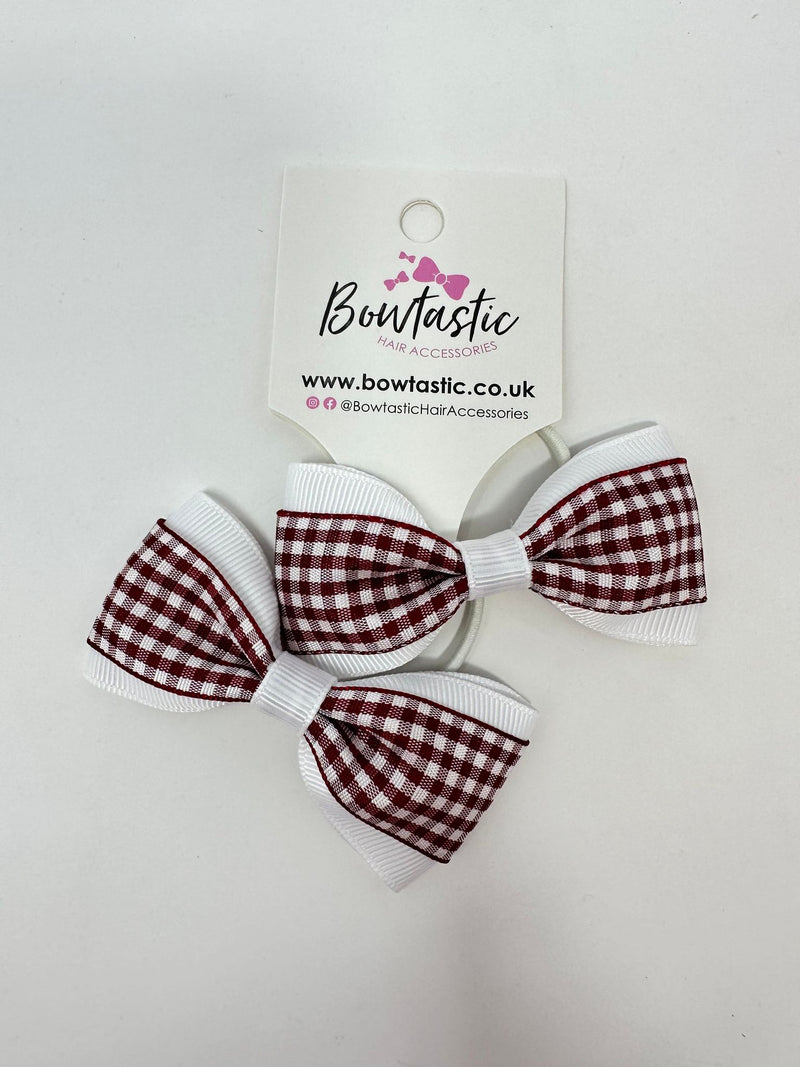 3 Inch Tuxedo Bow Thin Elastic - Burgundy & White Gingham - 2 Pack