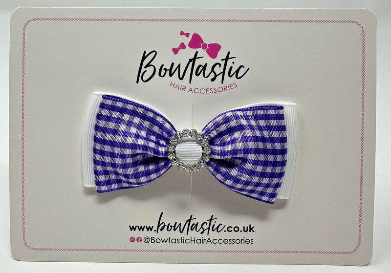 3 Inch Gem Bow - Purple & White Gingham