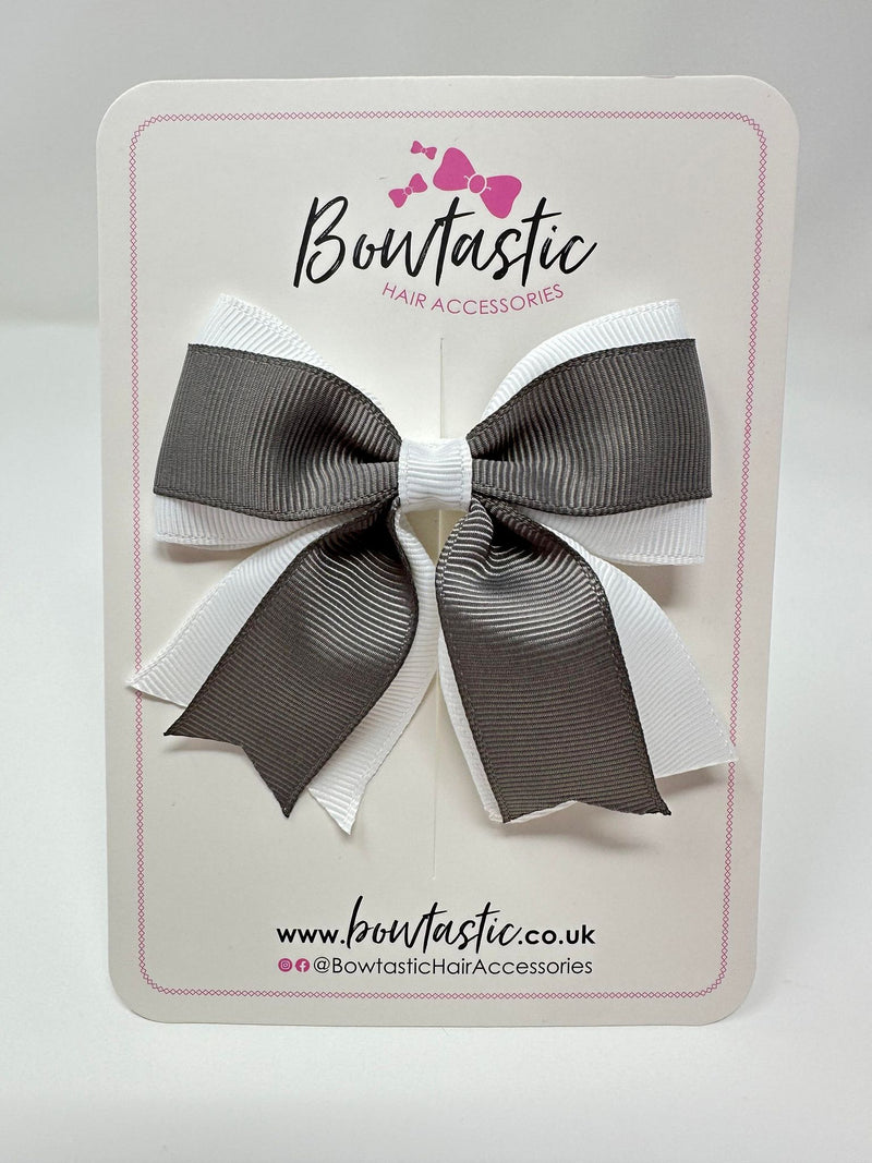 3 Inch Layer Tail Bow - Metal Grey & White