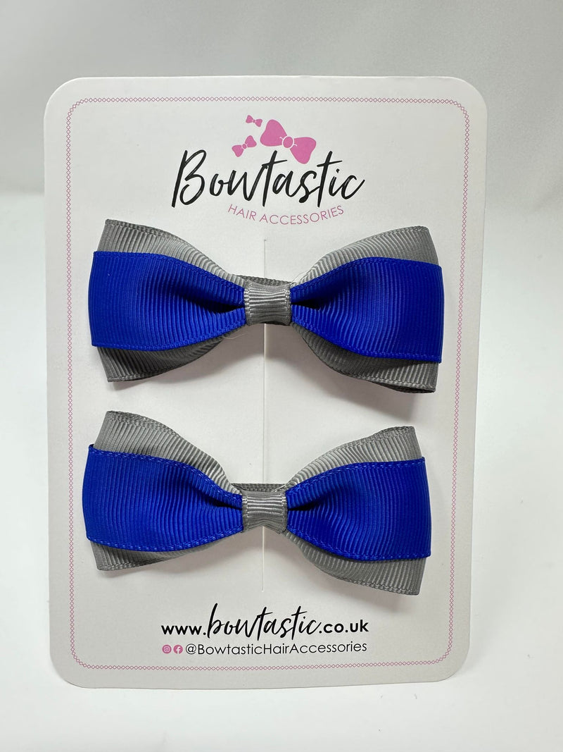 3 Inch Thin Tuxedo Bows - Cobalt & Metal Grey - 2 Pack