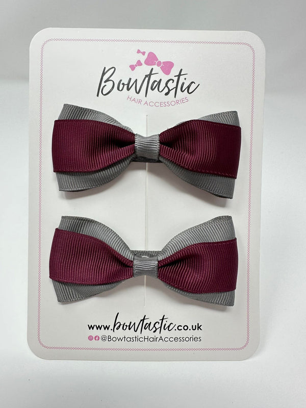 3 Inch Thin Tuxedo Bows - Wine & Metal Grey - 2 Pack