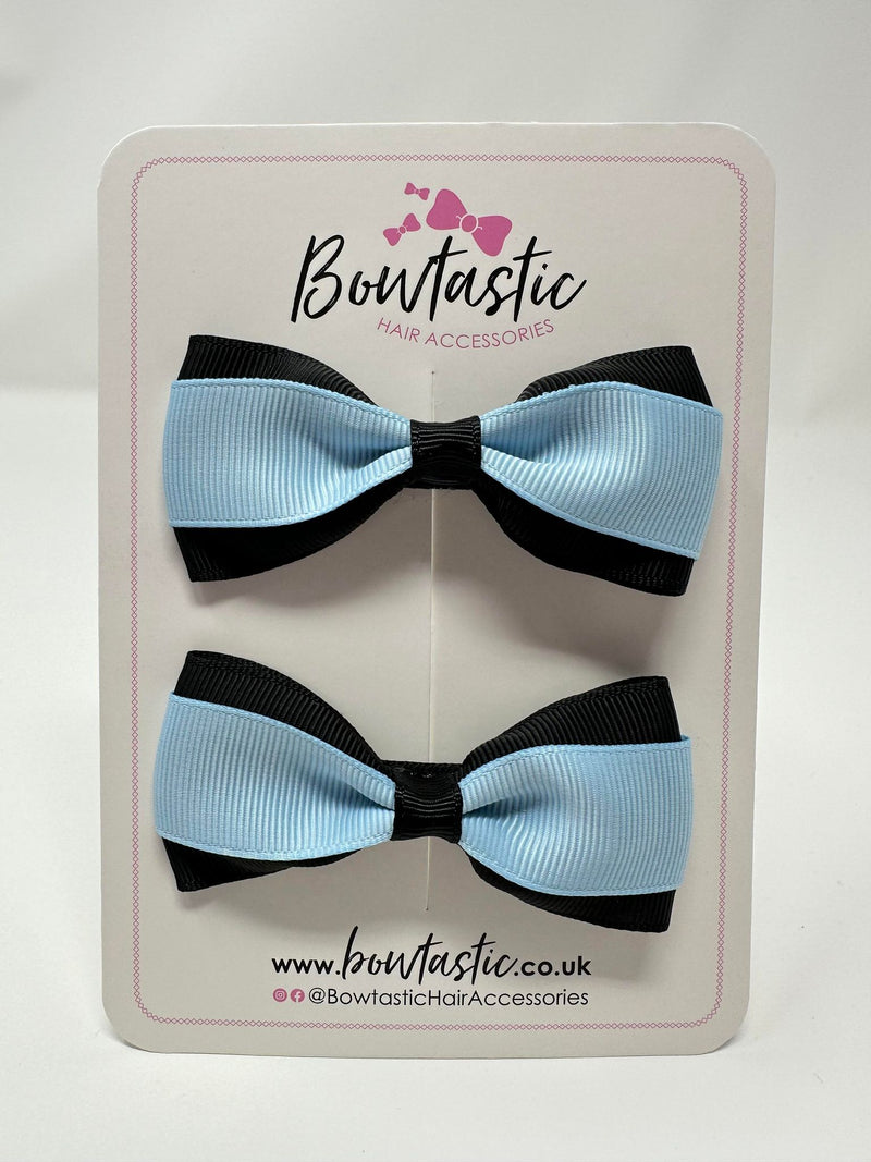 3 Inch Thin Tuxedo Bows - Black & Blue Topaz - 2 Pack