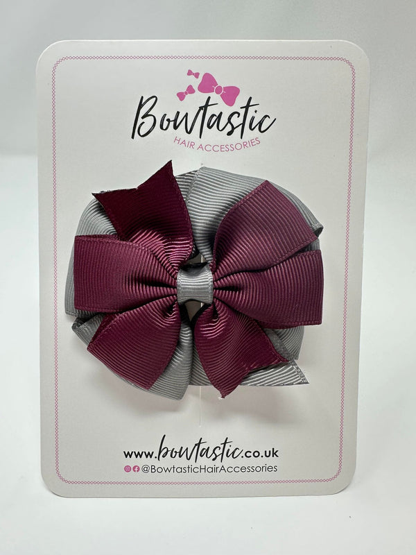 3 Inch Double Pinwheel Bow - Burgundy & Metal Grey