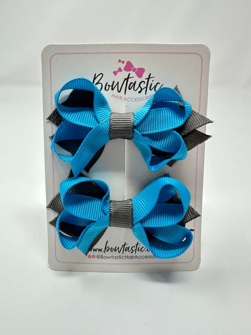 2 Inch Bows - Turquoise & Metal Grey - 2 Pack