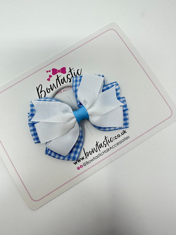 3.25 Inch Double Layer Bow Thin Elastic - Blue & White Gingham