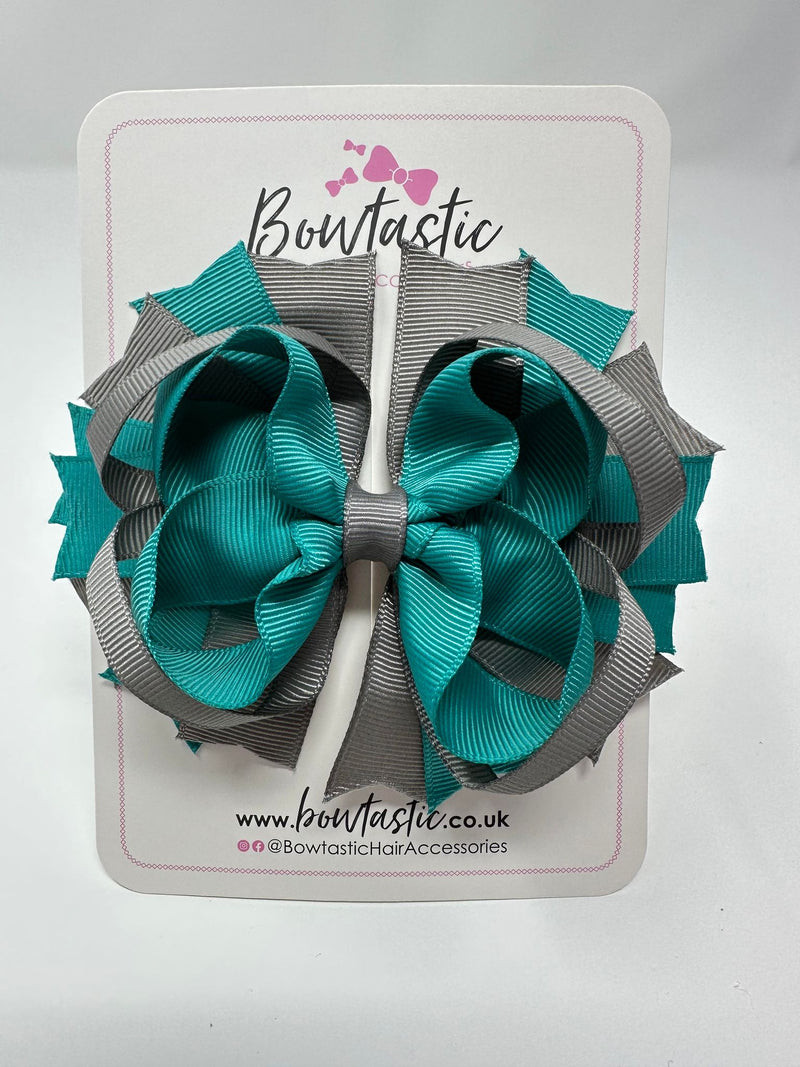 4.5 Inch Ring Bow - Jade Green & Metal Grey