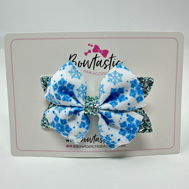 3.5 Inch Glitter Bow - Blue & White Snowflake