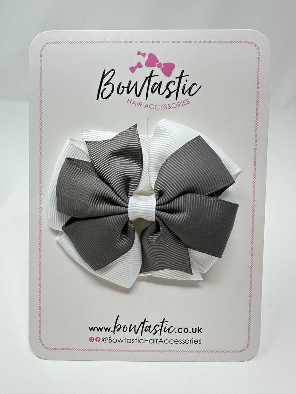 3 Inch Double Pinwheel Bow - Metal Grey & White