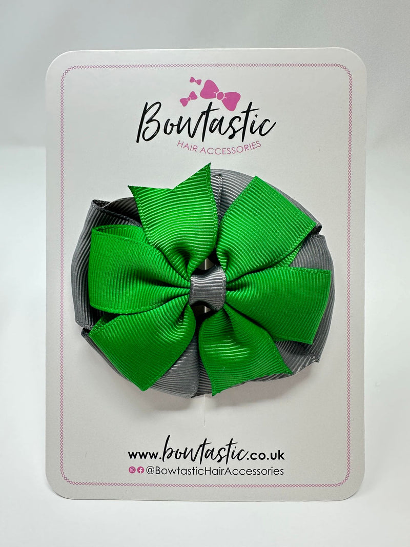 3 Inch Double Pinwheel Bow - Emerald Green & Metal Grey