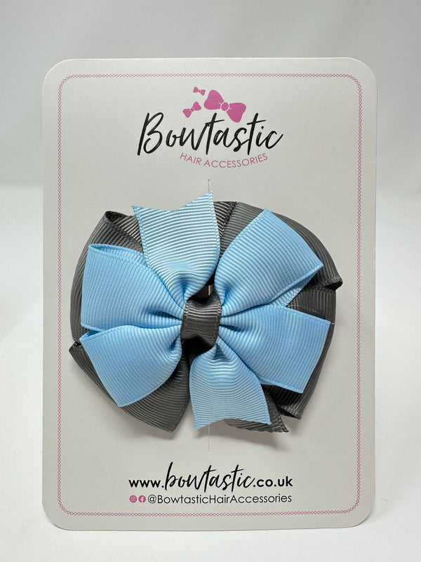 3 Inch Double Pinwheel Bow - Blue Topaz & Metal Grey