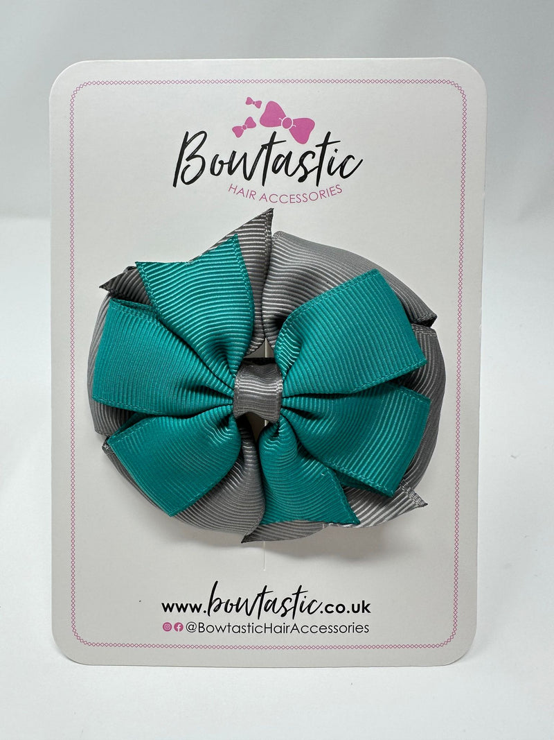 3 Inch Double Pinwheel Bow - Jade Green & Metal Grey