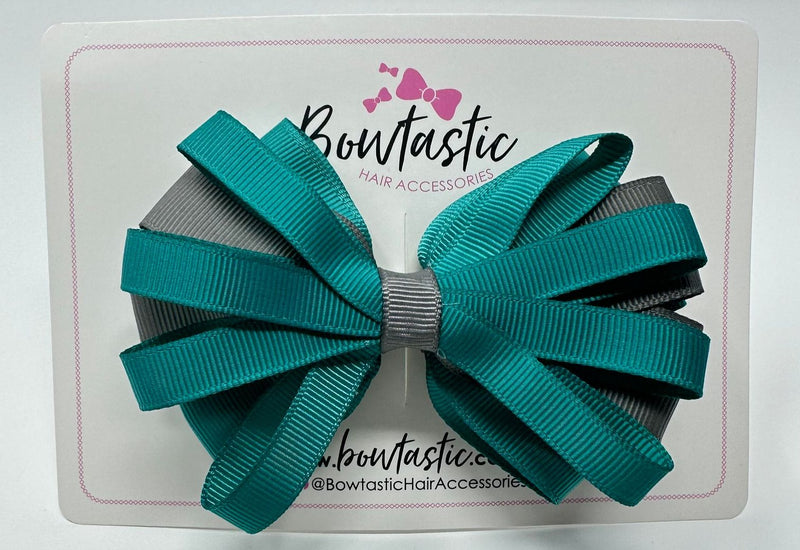 4 Inch Loop Bow - Jade Green & Metal Grey