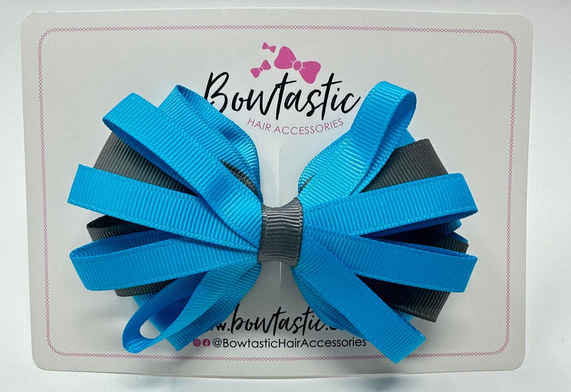 4 Inch Loop Bow - Turquoise & Metal Grey