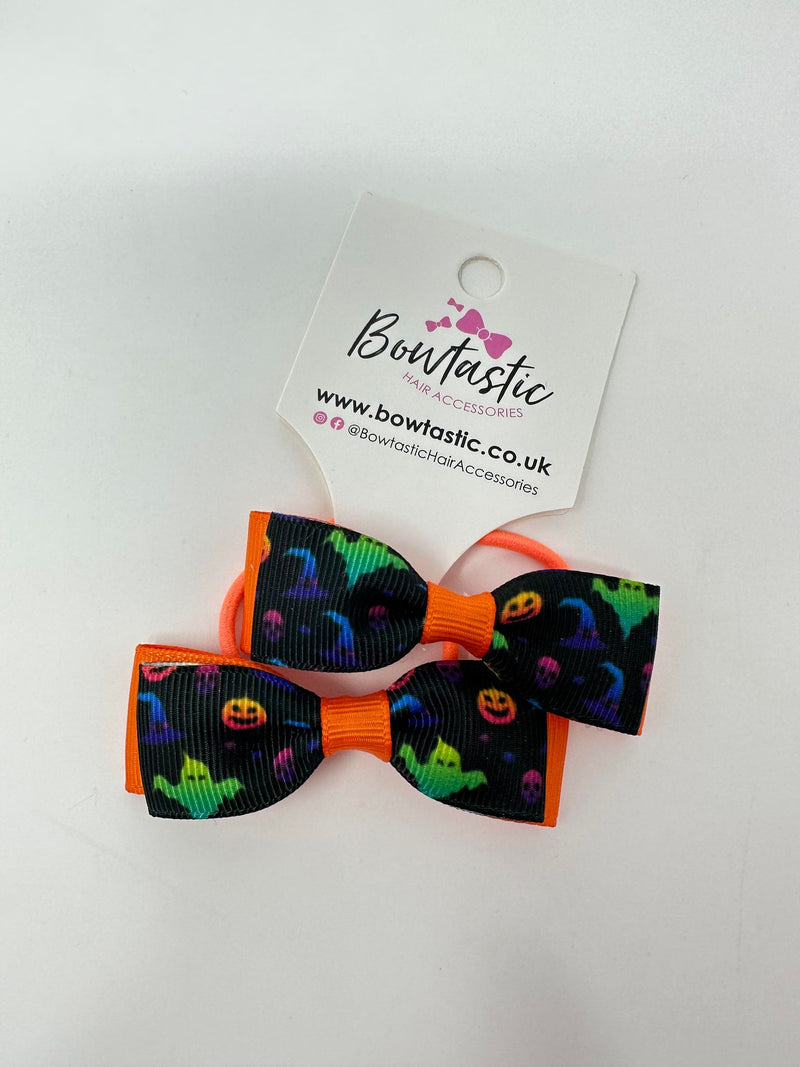 Halloween - 2.75 Inch Pattern Bows Thin Elastic - Neon Spooky - 2 Pack