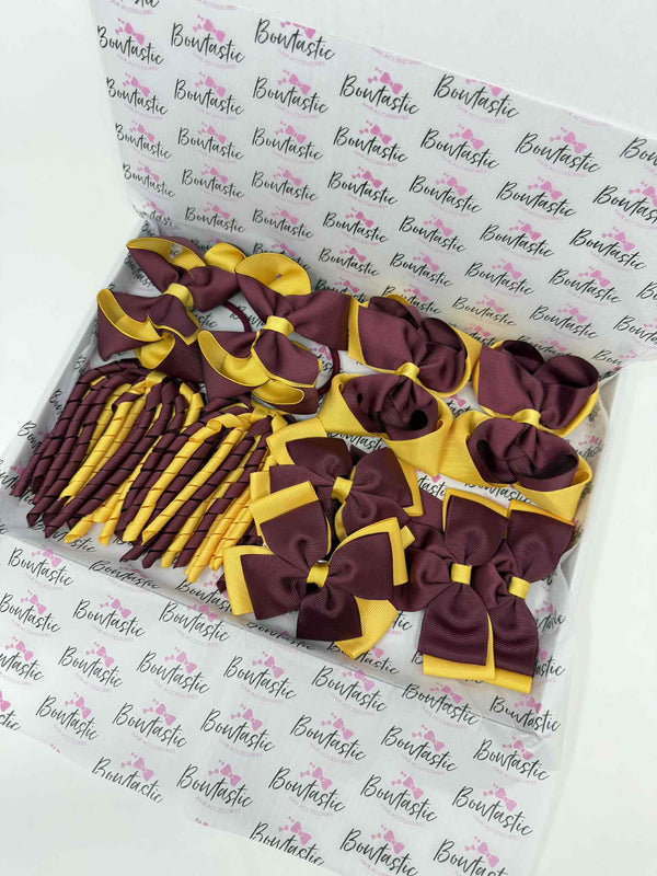 School Bundle - 5 Matching Pairs - Clips & Bobbles - Burgundy & Yellow Gold