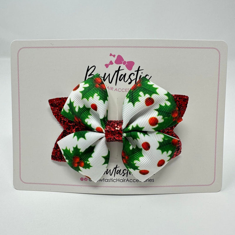 3.5 Inch Glitter Bow - Red & Green Holly