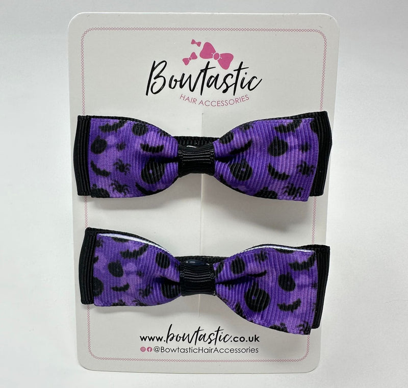 Halloween - 2.75 Inch Pattern Bows - Purple & Black Bat - 2 Pack