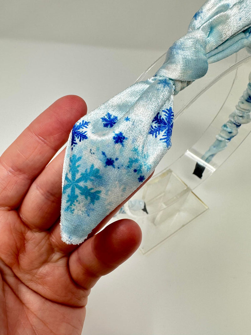 Christmas - Velvet Bunny Ear Headband - Blue & White Snowflake