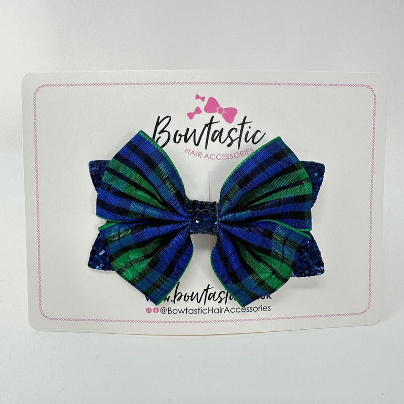 3.5 Inch Glitter Bow - Blue & Green Tartan