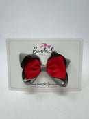 3.5 Inch 2 Layer Tuxedo Bow Thin Elastic - Red & Metal Grey