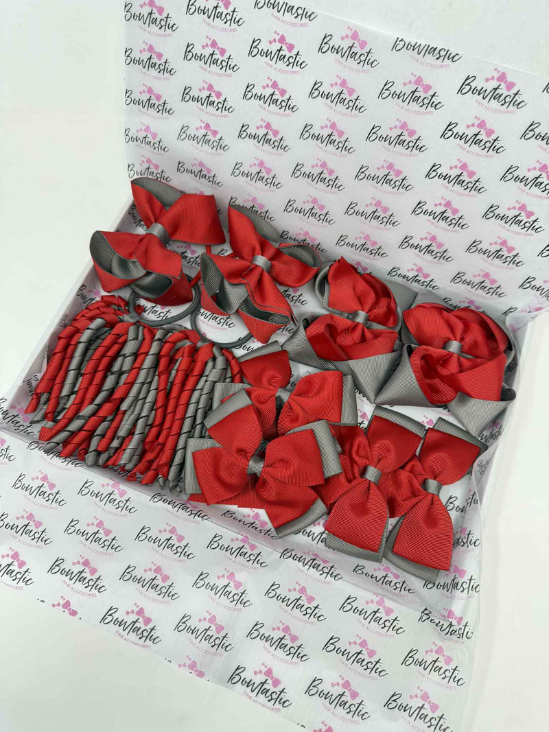 School Bundle - 5 Matching Pairs - Clips & Bobbles - Red & Metal Grey
