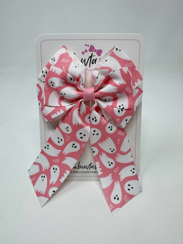 4 Inch Tail Bow - Pink & White Ghost Boo