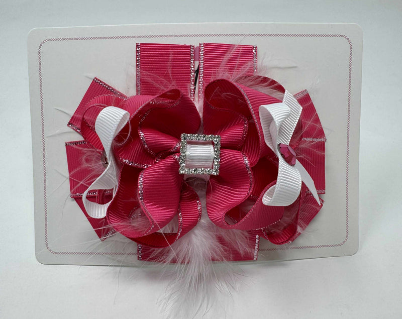 4.5 Inch Fluffy Gem Bow - Shocking Pink & White