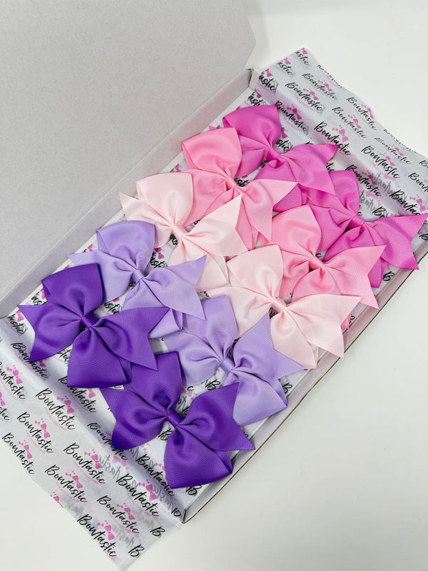 Bow Set - 5 Inch Flat Bows - 10 Pack Clips - Rose Bloom, Rose Pink, Powder Pink, Light Orchid, Grape