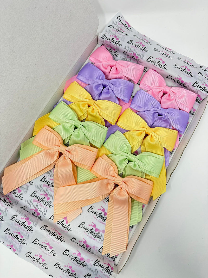 Bow Set - 4.5 Inch Tail Bows - 10 Pack Clips - Rose Pink, Light Orchid, Chamois, Seafoam Green, Peach