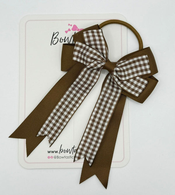 4 Inch Double Tail Bow Bobble - Turftan & Brown Gingham