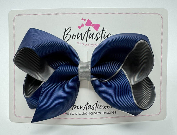 4 Inch Double Ribbon Bow  - Navy & Metal Grey
