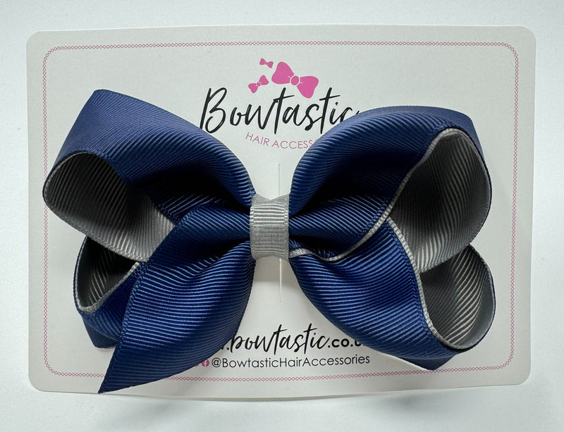 4 Inch Double Ribbon Bow - Navy & Metal Grey