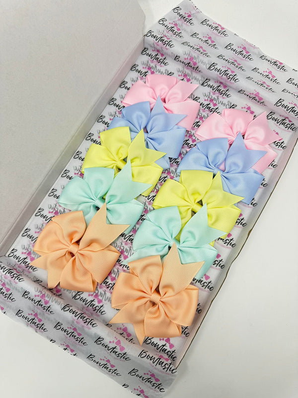 Bow Set - 4 Inch Pinwheel - 10 Pack Clips - Pearl Pink, Bluebell, Crystaline, Petal Peach, Baby Maize