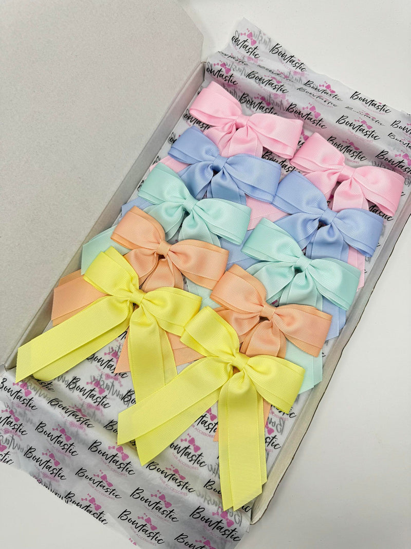 Bow Set - 4.5 Inch Tail Bows - 10 Pack Clips - Pearl Pink, Bluebell, Crystaline, Petal Peach, Baby Maize